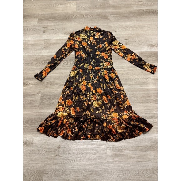 Vtg 70's XXS/XS Cirette‎ Brown Velvet Dress W/orange Flowers Ruffle Boho Hippie - Picture 1 of 9
